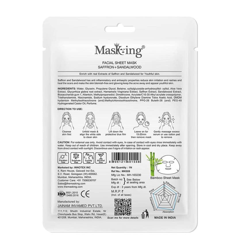 MasKing Bamboo Facial Sheet Mask of Saffron & Sandalwood for Youthful Skin Ideal for Women & Men, 20ml each (Pack of 5) view 5