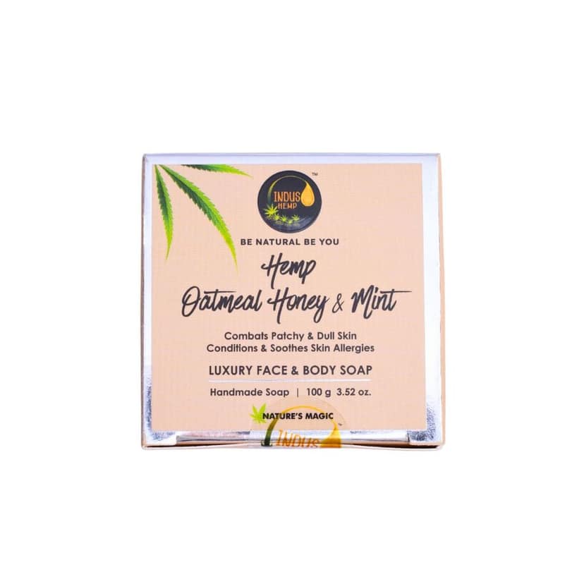 INDUS HEMP OATMEAL HONEY & MINT | LUXURY FACE & BODY SOAP|COMBATS PATCHY & DULL SKIN CONDITIONS & SOOTHES SKIN ALLERGIES | HANDMADE SOAP | 100G 3.52 oz
