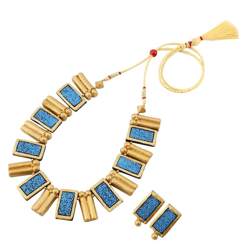 EKAM EK terracotta neckset with earrings for women and girls in topaz blue and gold rectangular shape for casual and formal wear for saree, suit and skirt for festivals