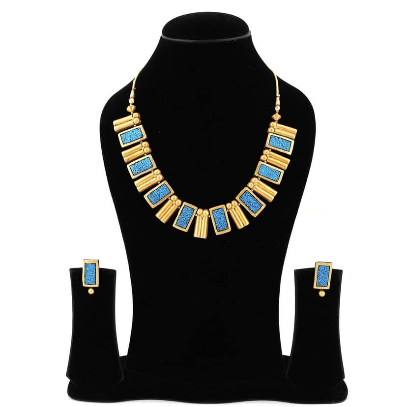 EKAM EK terracotta neckset with earrings for women and girls in topaz blue and gold rectangular shape for casual and formal wear for saree, suit and skirt for festivals view 2