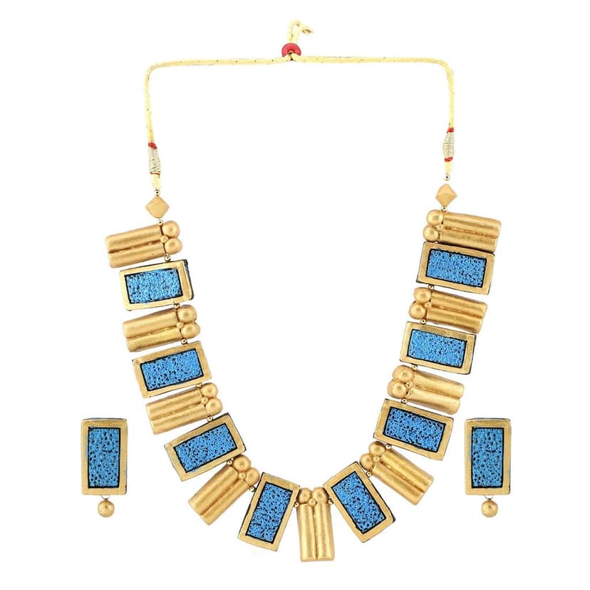 EKAM EK terracotta neckset with earrings for women and girls in topaz blue and gold rectangular shape for casual and formal wear for saree, suit and skirt for festivals view 3