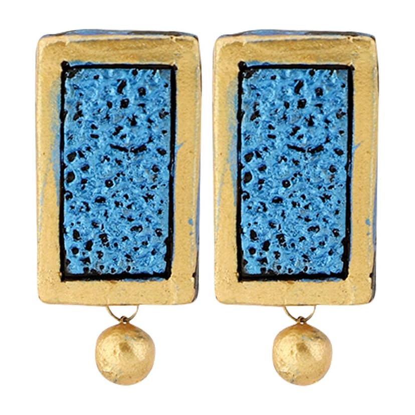 EKAM EK terracotta neckset with earrings for women and girls in topaz blue and gold rectangular shape for casual and formal wear for saree, suit and skirt for festivals view 5