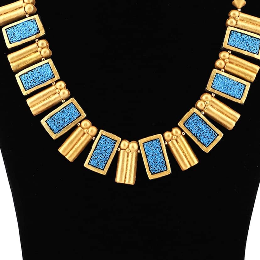 EKAM EK terracotta neckset with earrings for women and girls in topaz blue and gold rectangular shape for casual and formal wear for saree, suit and skirt for festivals view 6