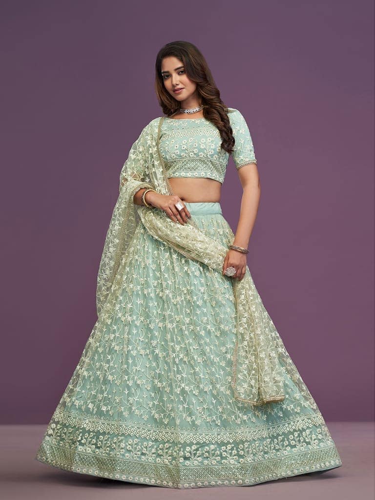 Pista Green Soft Net Thread Embroidery Work Lehenga Choli For Wedding view 3