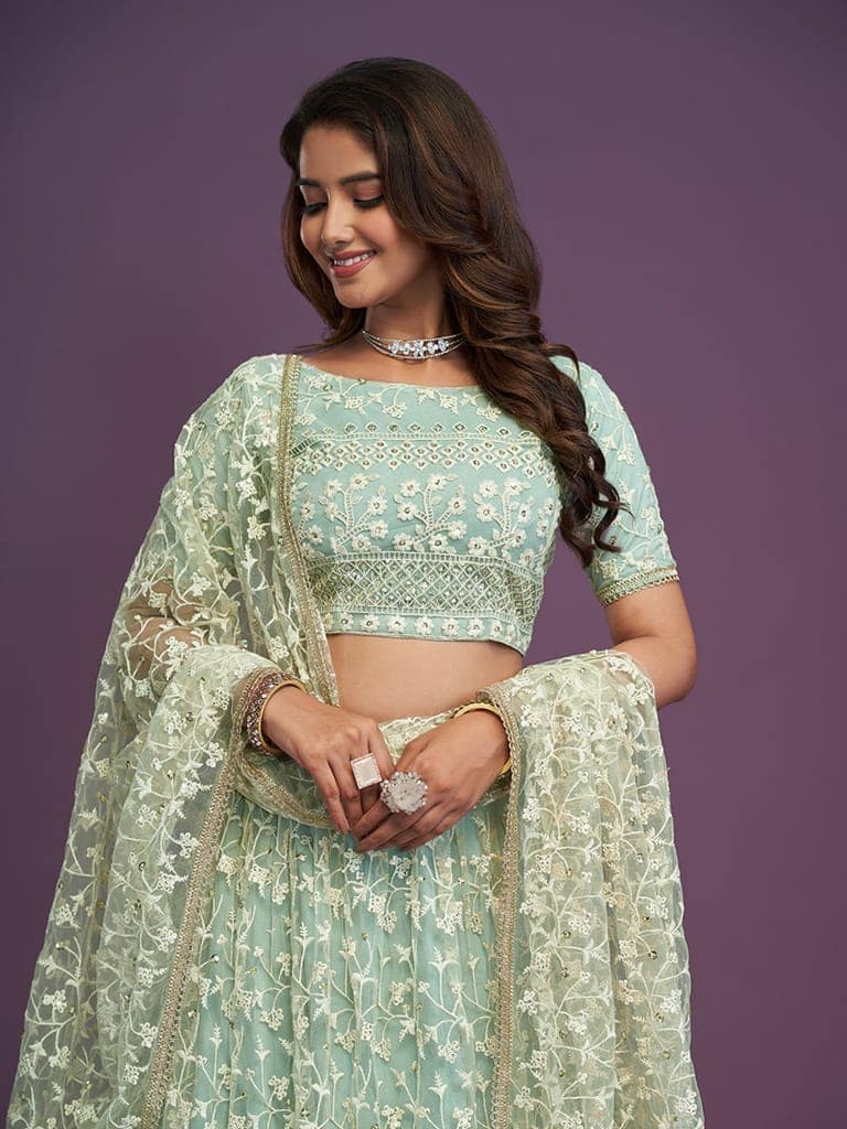 Pista Green Soft Net Thread Embroidery Work Lehenga Choli For Wedding view 4