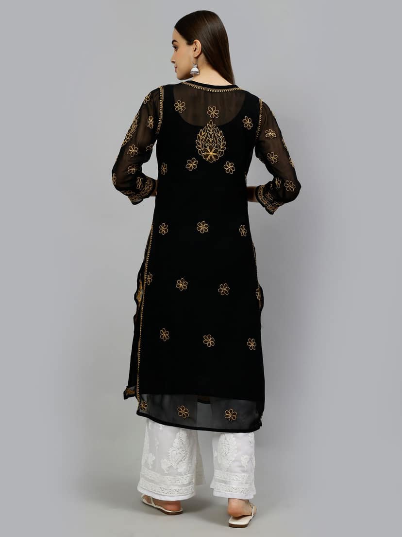Seva Chikan Lucknowi Chikankari Black/Beige Georgette Resham Work Kurta & Slip view 2