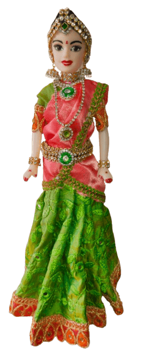 Traditional Indian decorative half saree doll in green and orange