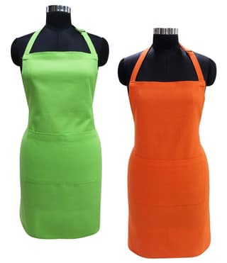 AIRWILL Cotton Plain Colored Solid Pattern Free Size Apron with Center Pocket, Adjustable Buckle on Top and Long Straps (Green,Orange, Pack of 2)
