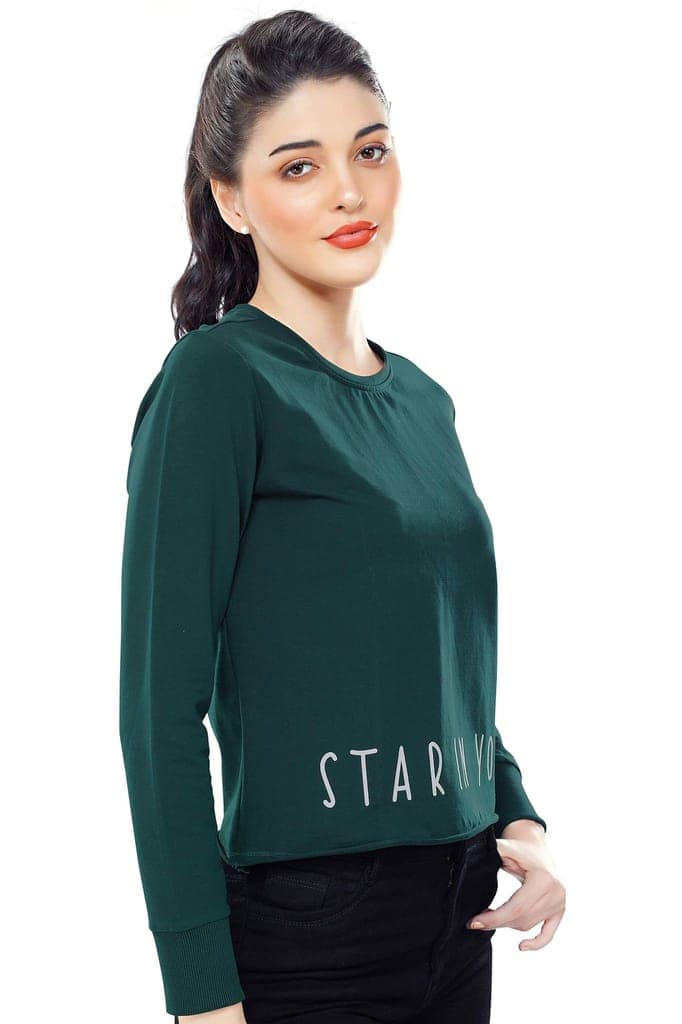 Zeyo Women Cotton Blue Printed Full Sleeve Crop Top view 4