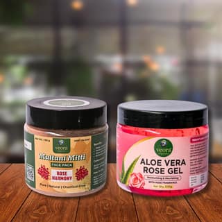 Veora Organics Aloe Vera Rose Gel & Rose Harmony Multani Mitti Face Pack Combo | Hydrating Aloe Vera Gel with Deep Cleansing Face Mask | Skin Brightening, Oil Control & Moisturizing | Natural Chemical-Free Skincare | 200g + 120g