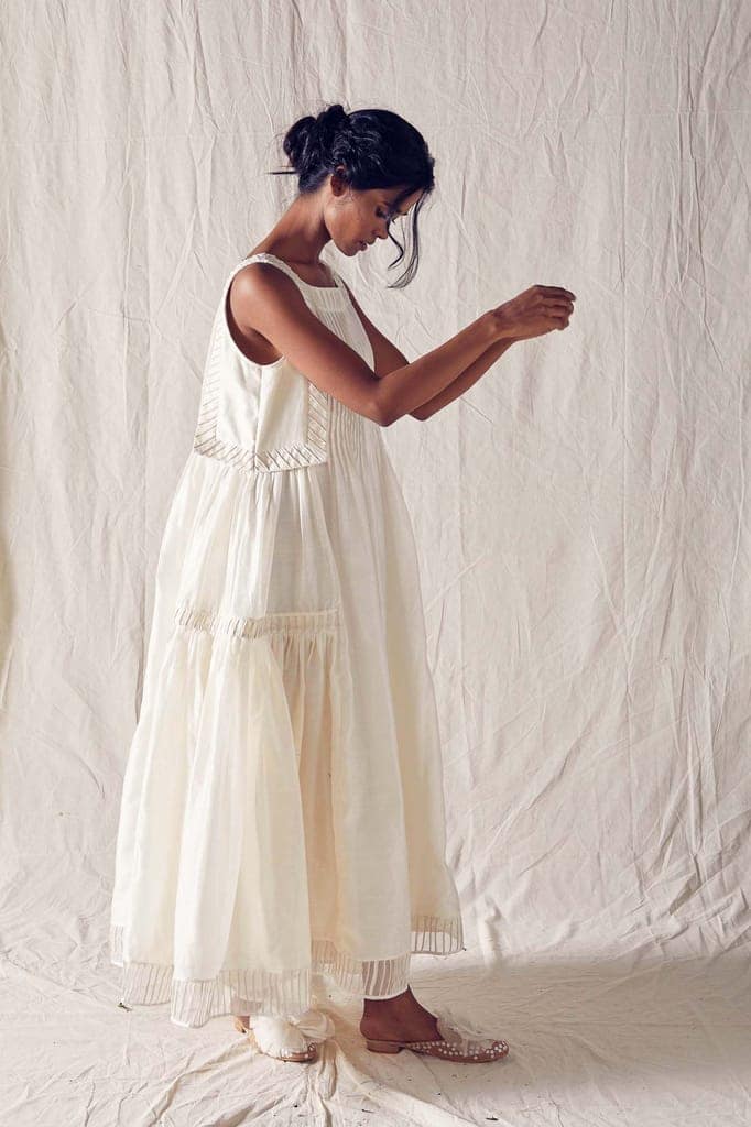 Ivory Sleeveless Pleated Yoke Dress In Cotton Silk Chanderi And Off White Checks Cotton Khadi Mulmul view 2