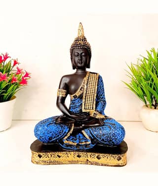 Fashion Bizz Blue Golden Handcrafted Samadhi Buddha Decorative Showpiece - 22 cm