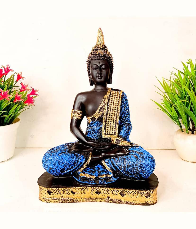 Fashion Bizz Blue Golden Handcrafted Samadhi Buddha Decorative Showpiece - 22 cm