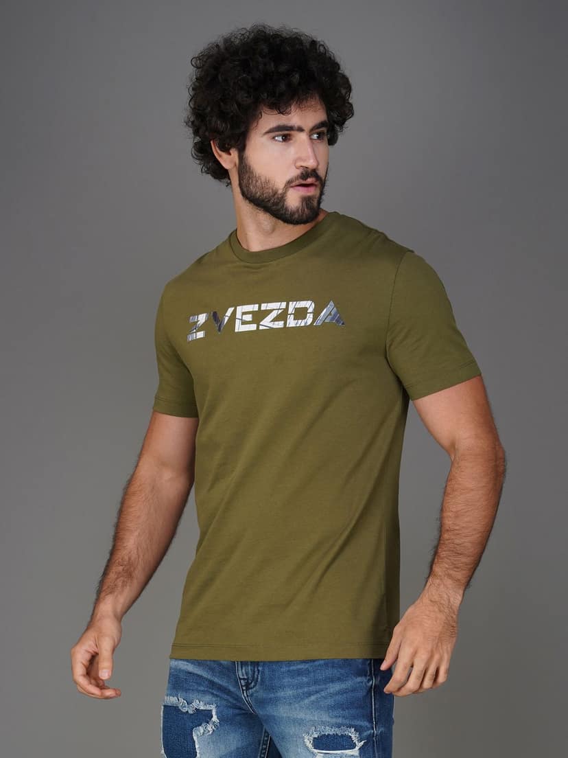Men’s Pure Cotton Round Neck Branded T-Shirt-Olive view 4