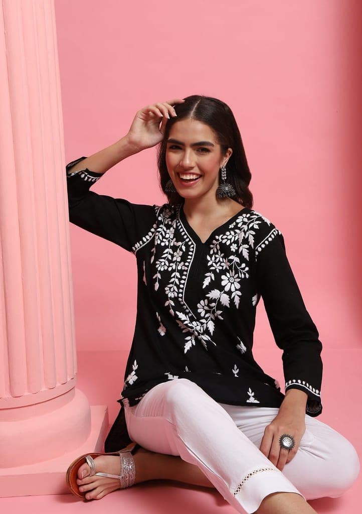 Cotton Chikankari Solid Women's Short Kurta - Black view 7