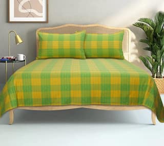AIRWILL, 200GSM Handloom Cotton Double Bedsheet with 2 Pillow Covers, Beast Dobby Designer Weaved Green and Yellow - Pack of 3 pcs