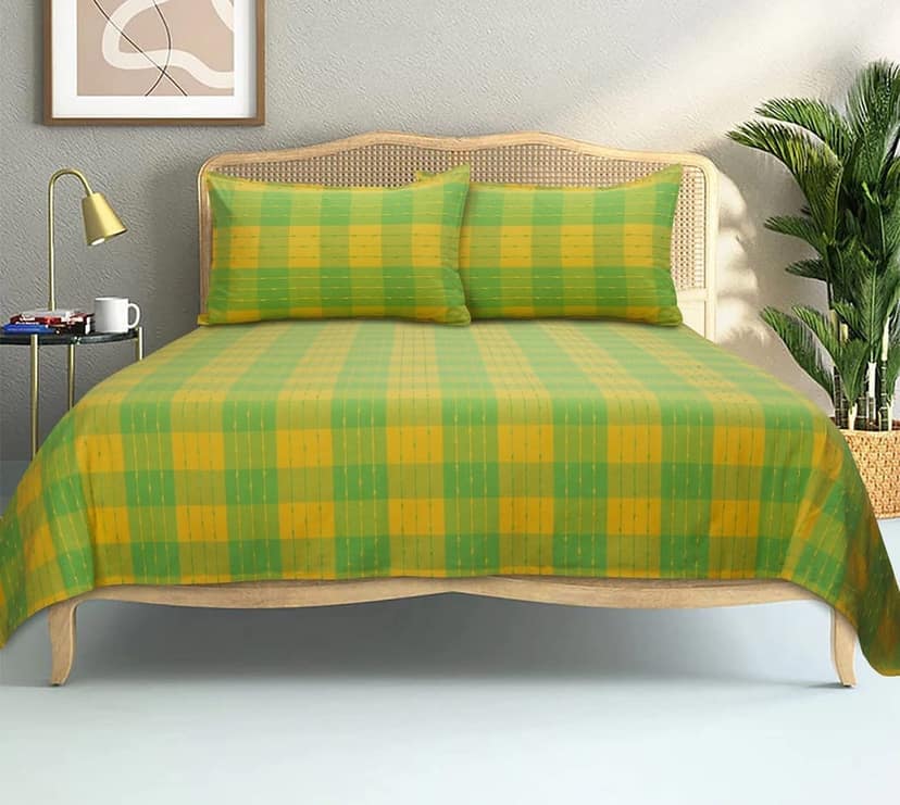 AIRWILL, 200GSM Handloom Cotton Double Bedsheet with 2 Pillow Covers, Beast Dobby Designer Weaved Green and Yellow - Pack of 3 pcs