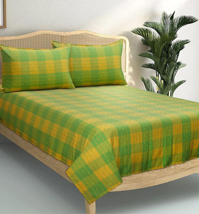 AIRWILL, 200GSM Handloom Cotton Double Bedsheet with 2 Pillow Covers, Beast Dobby Designer Weaved Green and Yellow - Pack of 3 pcs view 2