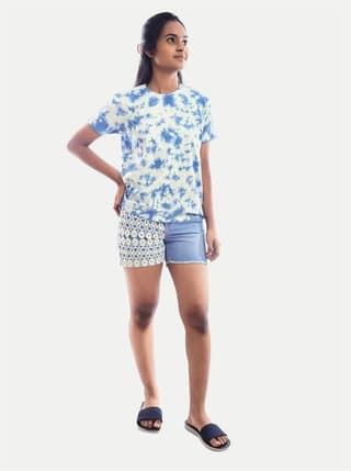 Women Casual Blue Colour Tie & Dye T-shirt