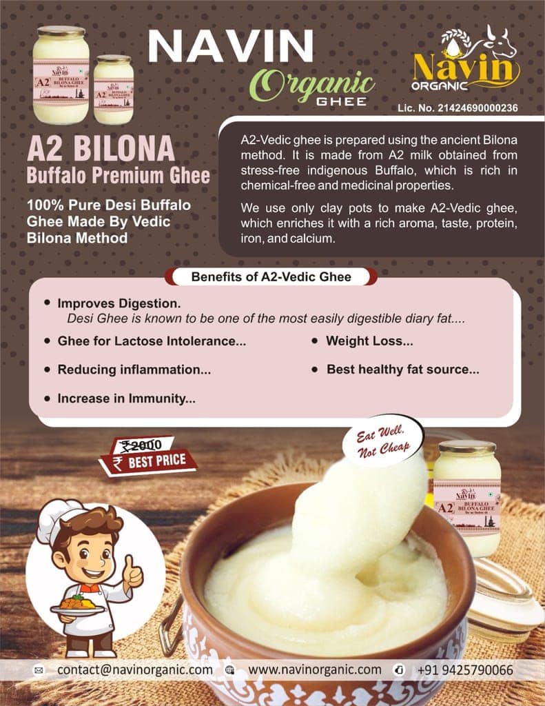 Navin Organic A2 Desi Buffalo Bilona Ghee, Made from Desi Buffalo Milk Ghee Glass Bottle view 3