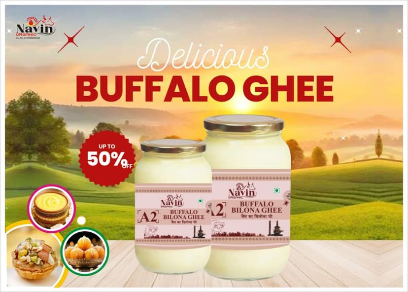 Navin Organic A2 Desi Buffalo Bilona Ghee, Made from Desi Buffalo Milk Ghee Glass Bottle view 5