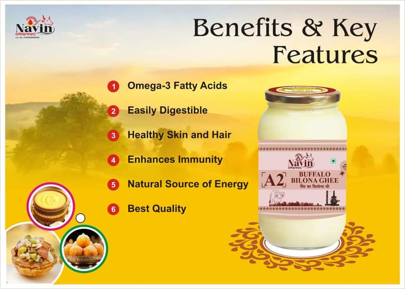 Navin Organic A2 Desi Buffalo Bilona Ghee, Made from Desi Buffalo Milk Ghee Glass Bottle view 7