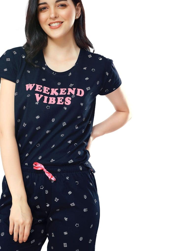 ZEYO Women's Cotton Navy Blue Printed Stylish Night suit set view 2