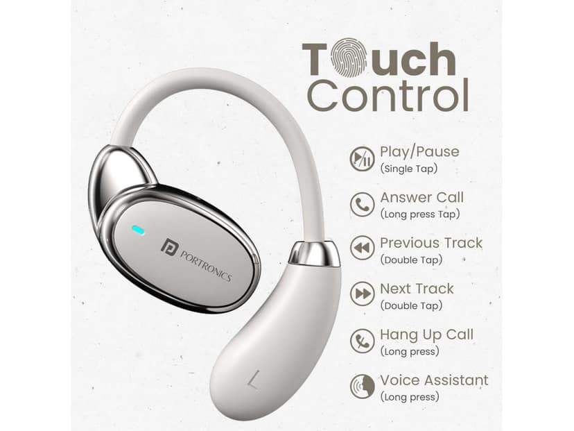 Portronics Harmonics Twins 31 Over Ear OWS Smart Wireless Earbuds with HD Mic, Secure & Flexible Ear hook, Touch Control, 24 Hrs Playtime, Music, Gaming Mode, BT 5.4V, Light Weight - Beige view 2