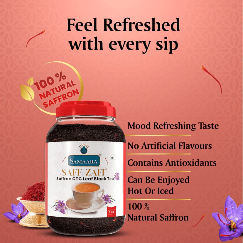Jivvij Samaara Saffron Black Tea | Flavoured CTC Assam Black Leaf Tea | Kesar Chai Patti Powder | Saff Zaff Jar view 5