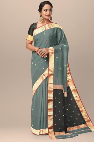 Castleton Green Buti Design Handwoven Maheshwari Silk Saree SKU-BS10053