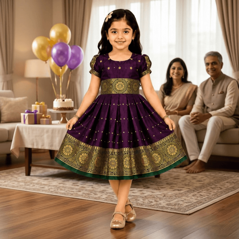 Mom and Me Baby Girl Satin Frock for Parties, Birthdays & Weddings | Elegant Toddler Dress with Balloon Sleeves & Zipper Closure | Age 0-2 Years (in, Age, 18 Months, 24 Months, Wine) view 3