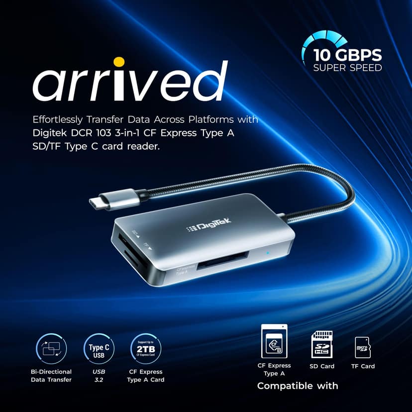 DIGITEK DCR-103 CFA 3 in 1 CF Express Type A/SD & TF Type C USB 3.2 Card Reader, Support SD/SDHC/SDXC/UHS-I/RS-MMC, Support Mac OS iPad OS Window Android Linux & Harmony, Bidirectional Data Transfer DIGITEK DCR-103 CFA 3 in 1 CF Express Type A/SD & TF Ty view 2