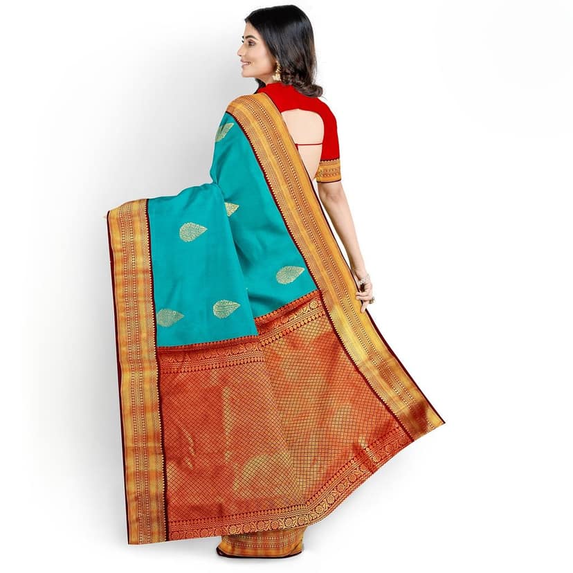 Teal Blue Color Korvai Saree Has Contrast Pallu and Border with Unstitched Blouse view 2
