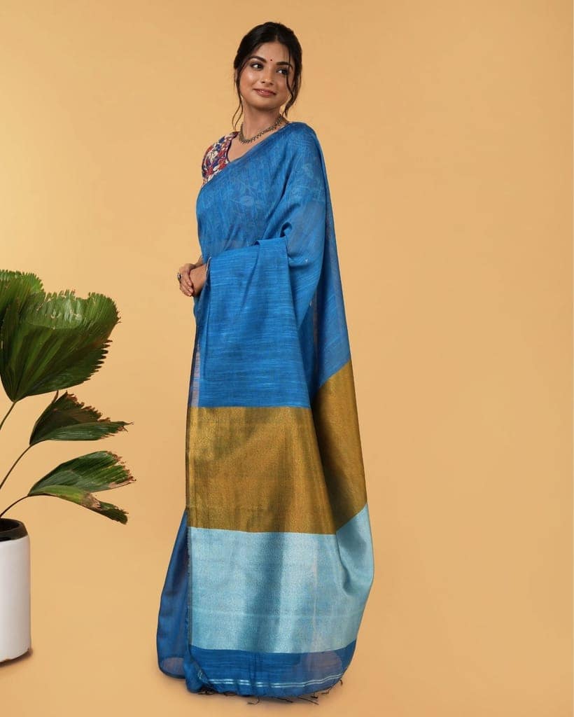 Silk Linen Plain Saree Sky Blue Color with contrast border and attached Running Blouse (Any Colour Customizable)-3365 view 2