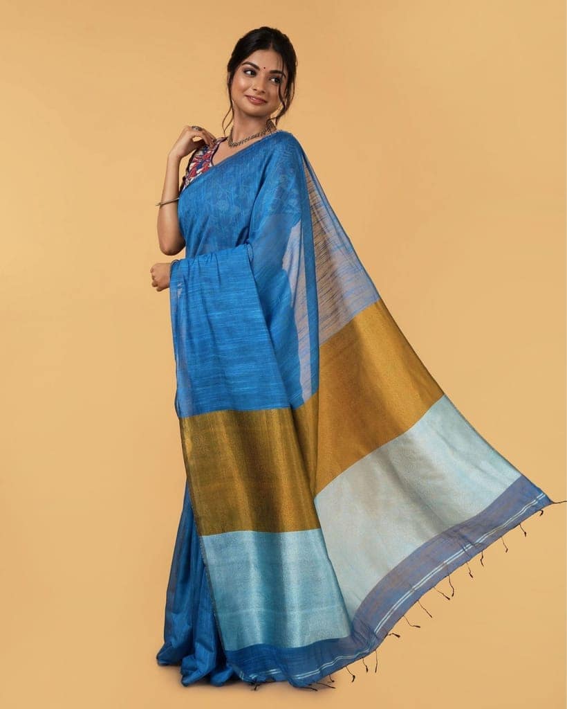 Silk Linen Plain Saree Sky Blue Color with contrast border and attached Running Blouse (Any Colour Customizable)-3365 view 3
