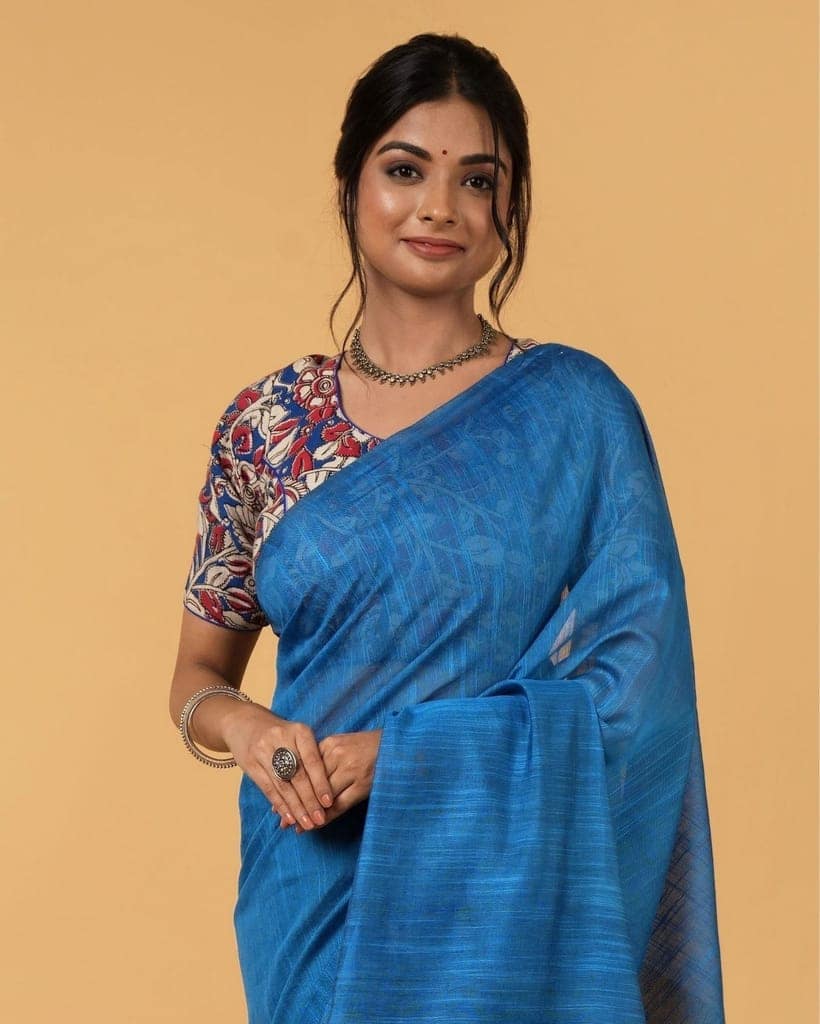 Silk Linen Plain Saree Sky Blue Color with contrast border and attached Running Blouse (Any Colour Customizable)-3365 view 4