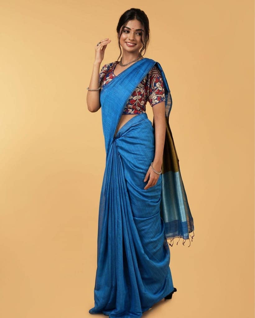 Silk Linen Plain Saree Sky Blue Color with contrast border and attached Running Blouse (Any Colour Customizable)-3365 view 5