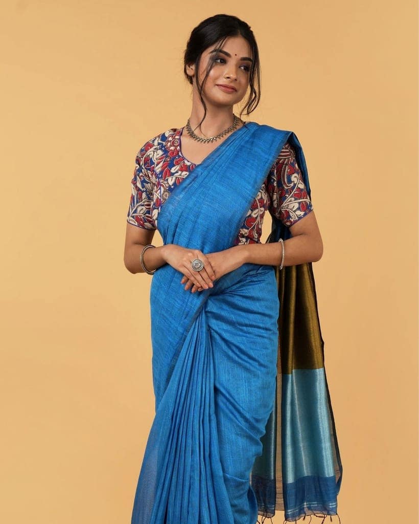 Silk Linen Plain Saree Sky Blue Color with contrast border and attached Running Blouse (Any Colour Customizable)-3365 view 6