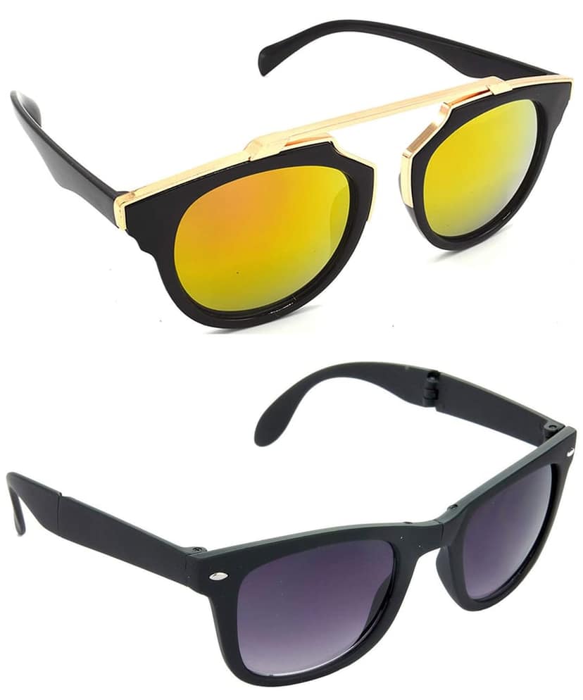 HRINKAR Unisex Wrap-around Sunglasses Golden & Black Frame, Golden & Grey Lens (Medium) - Pack of 2