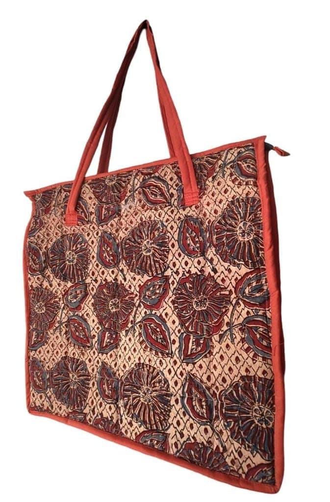 KALAMKARI Handcrafted Quilted Cotton Tote Bag with Floral Print and Zipper Closure view 3