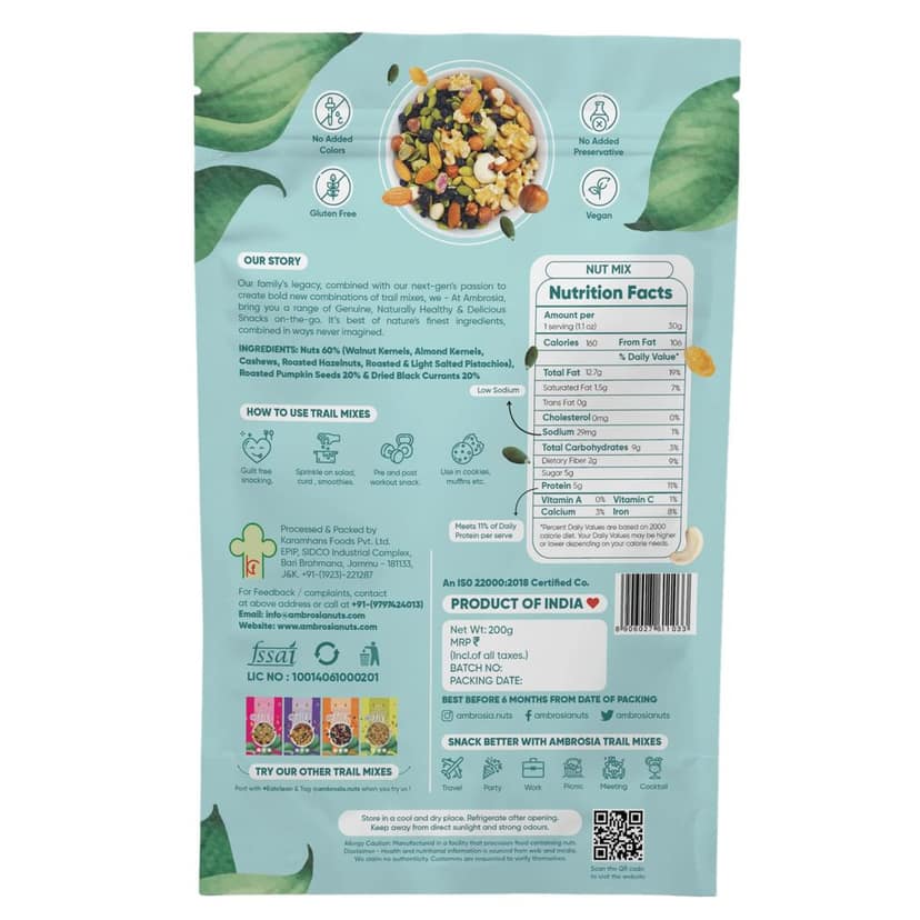 Ambrosia Nut Trail Mix 200 g | Full of Exotic Nuts - Hazelnuts , Walnuts , Pistachio , Cashew & Almonds view 2