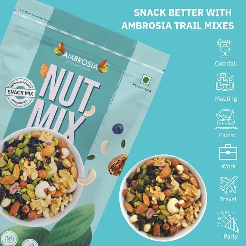 Ambrosia Nut Trail Mix 200 g | Full of Exotic Nuts - Hazelnuts , Walnuts , Pistachio , Cashew & Almonds view 7