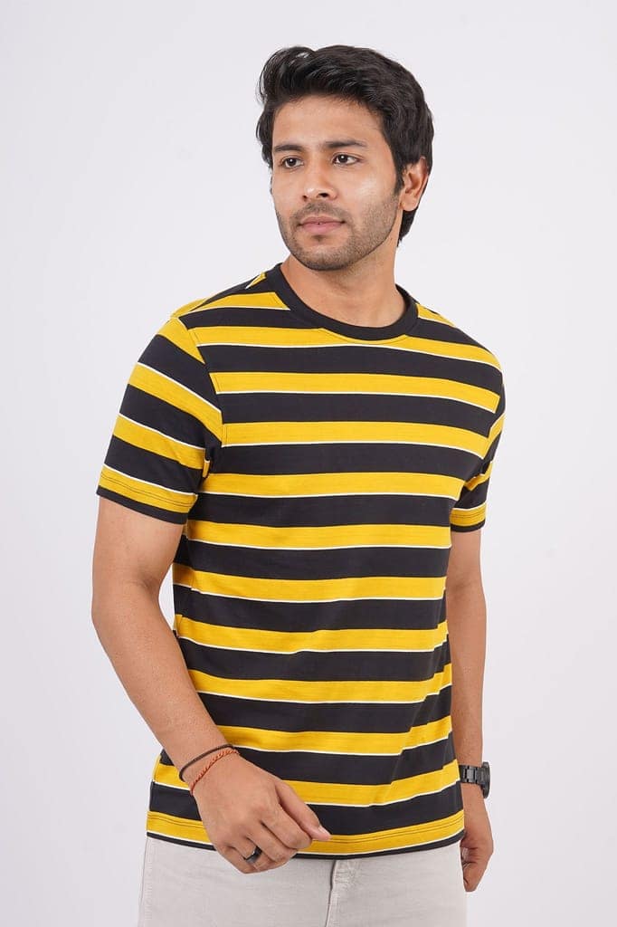 Men's Yellow Striped Crew Neck T-Shirt view 2