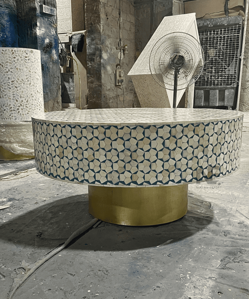 Bone Inlay Round Coffee Table | Handmade Center Table | Black & White Accent Furniture | Niktan Export