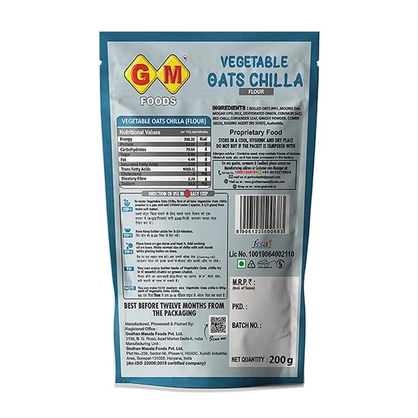 GM Foods Vegetable Oats Chilla Flour 200g (Pack of 6) | Nutritious & High Protein Instant Breakfast | Multigrain Cheela Powder | Ready in 3 Easy Steps | Fibre Rich Meal for Kids & Adults view 2
