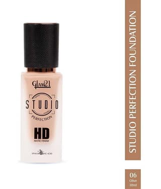 Glam21 Studio Perfection HD Matte Foundation - Matte Finish | Full Coverage Blendable | Long-Lasting Wear & Waterproof | Hyaluronic Acid Infusion | Oil Control - For Normal Skin - Olive 30ml
