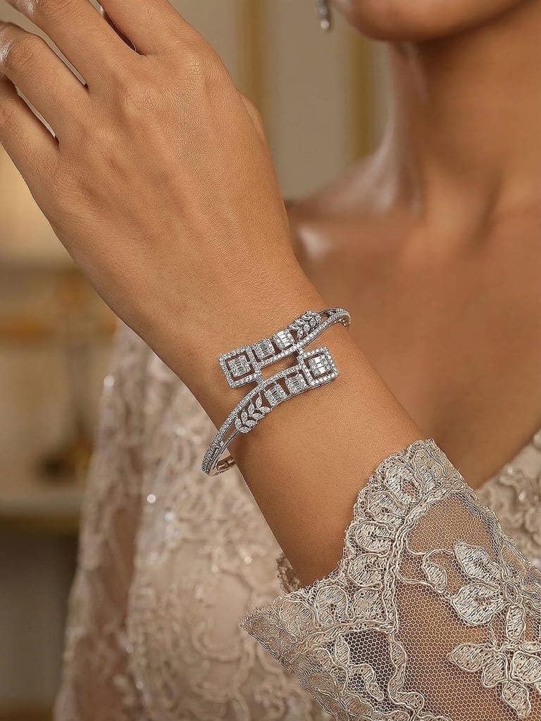 Silver Plated AD Studded Leafy Designer Minimal Bangle Bracelet view 2