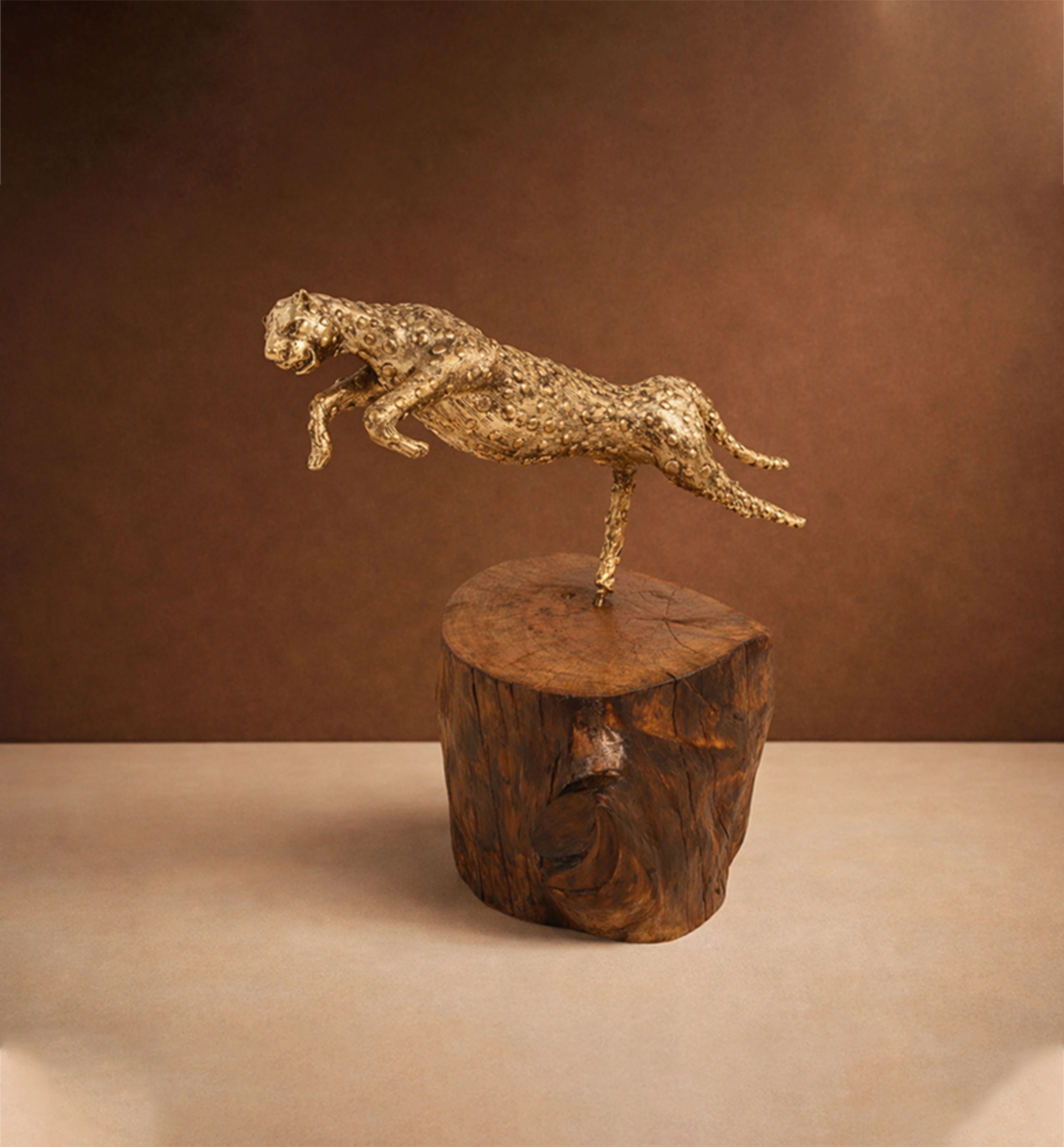 Handcrafted Brass Cheetah Hunting Scene showpiece on Natural Wood Base – Tribal Metal Artefact