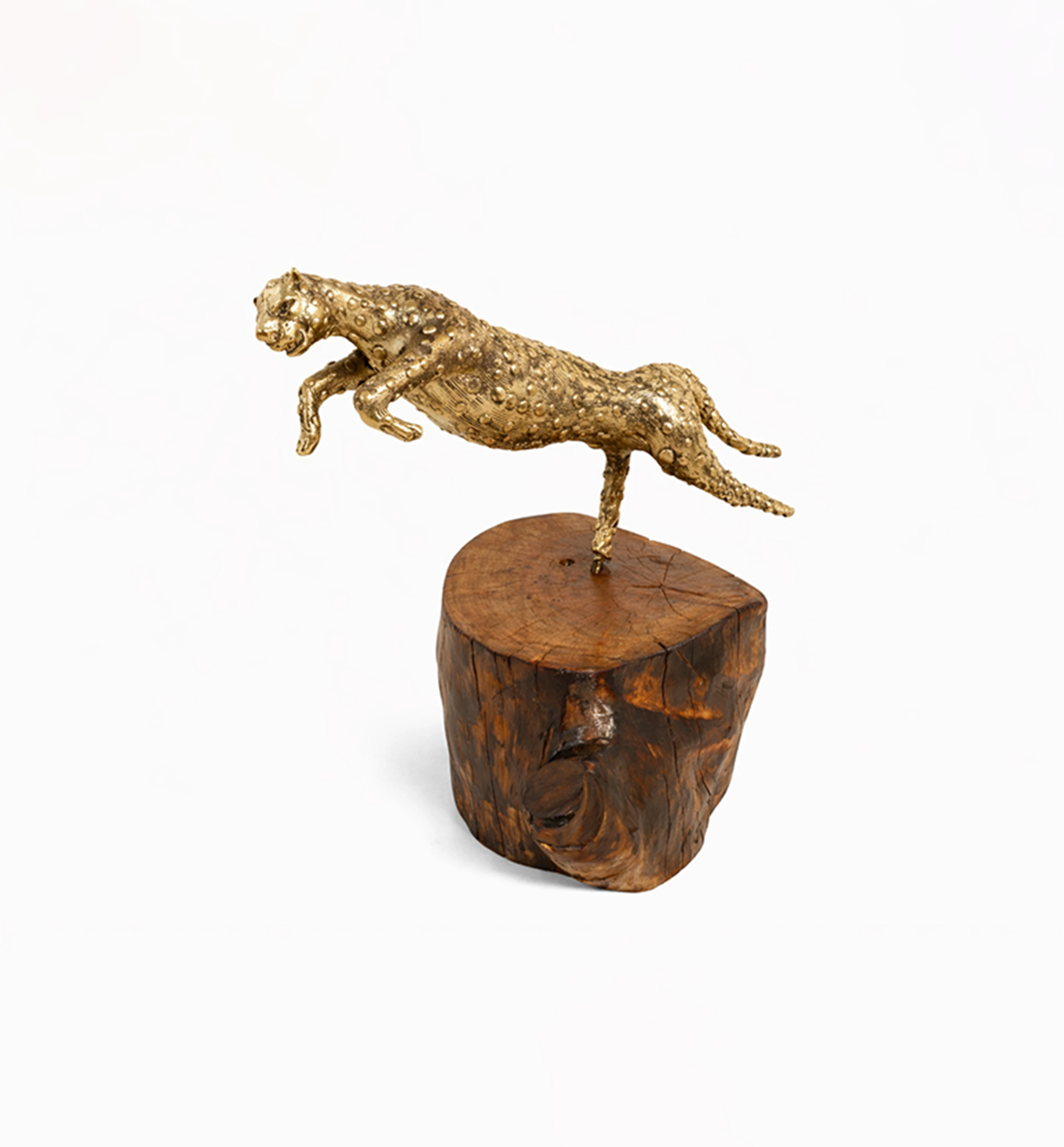 Handcrafted Brass Cheetah Hunting Scene showpiece on Natural Wood Base – Tribal Metal Artefact view 2