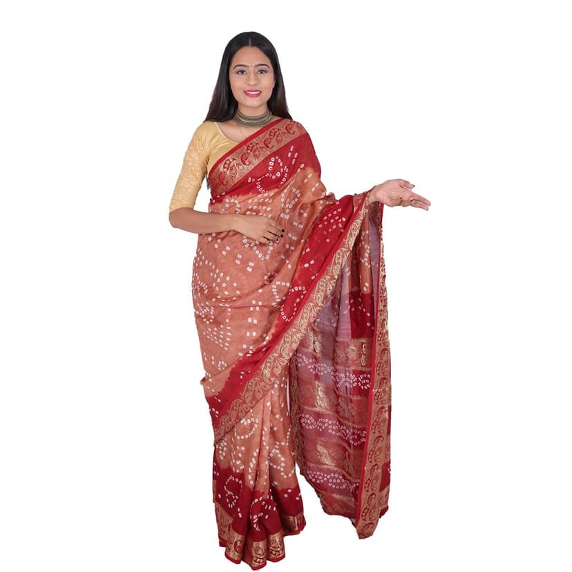 Tribes India Handwoven Terracotta Brown and Maroon Bandhej Saree
